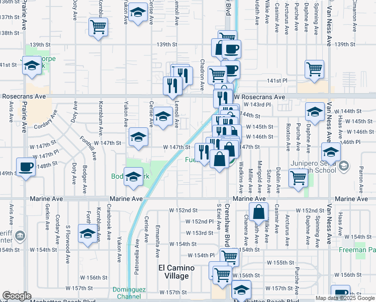 map of restaurants, bars, coffee shops, grocery stores, and more near 3232 West 147th Street in Gardena