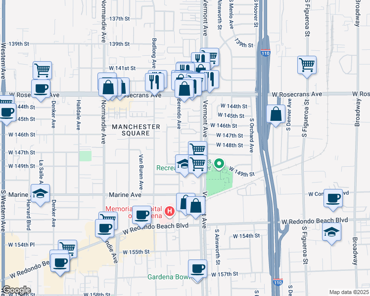 map of restaurants, bars, coffee shops, grocery stores, and more near 14700 Berendo Avenue in Gardena