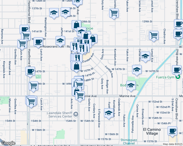 map of restaurants, bars, coffee shops, grocery stores, and more near 14707 Doty Avenue in Hawthorne