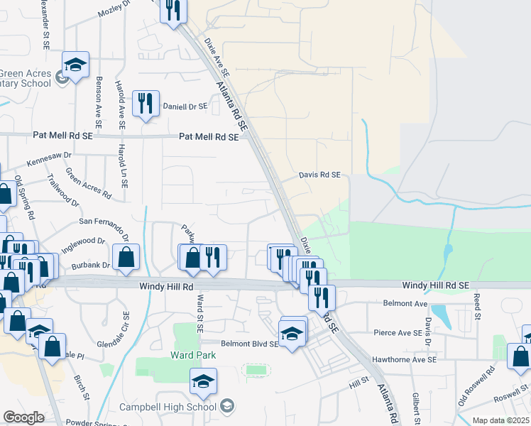 map of restaurants, bars, coffee shops, grocery stores, and more near 400 Belmont Circle Southeast in Smyrna