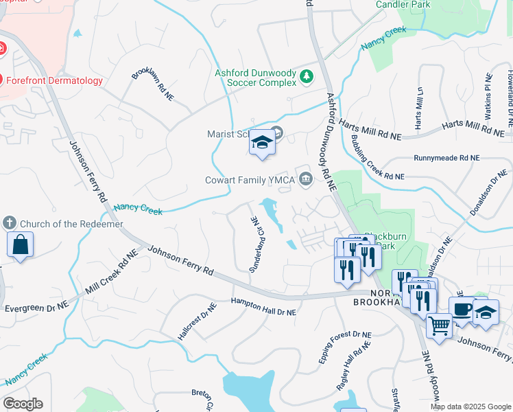 map of restaurants, bars, coffee shops, grocery stores, and more near 1291 Sunderland Court Northeast in Atlanta