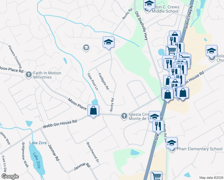 map of restaurants, bars, coffee shops, grocery stores, and more near 1180 Fieldgate Road in Lawrenceville