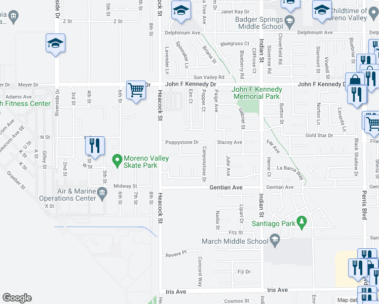 map of restaurants, bars, coffee shops, grocery stores, and more near 24154 Stonebridge Court in Moreno Valley