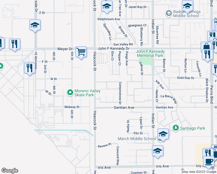 map of restaurants, bars, coffee shops, grocery stores, and more near 24132 Stonebridge Court in Moreno Valley