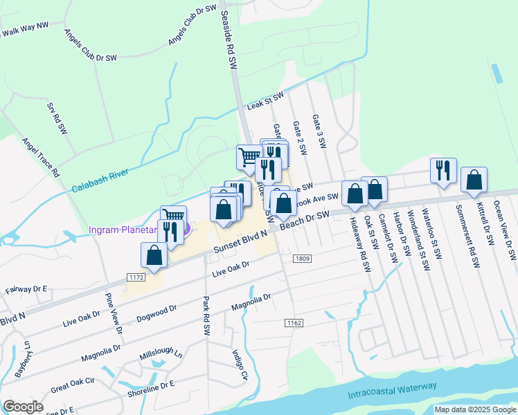 map of restaurants, bars, coffee shops, grocery stores, and more near 1680 Seaside Road Southwest in Ocean Isle Beach
