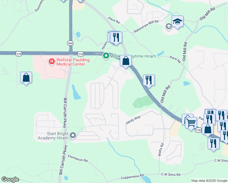 map of restaurants, bars, coffee shops, grocery stores, and more near 458 Highland Falls Drive in Hiram