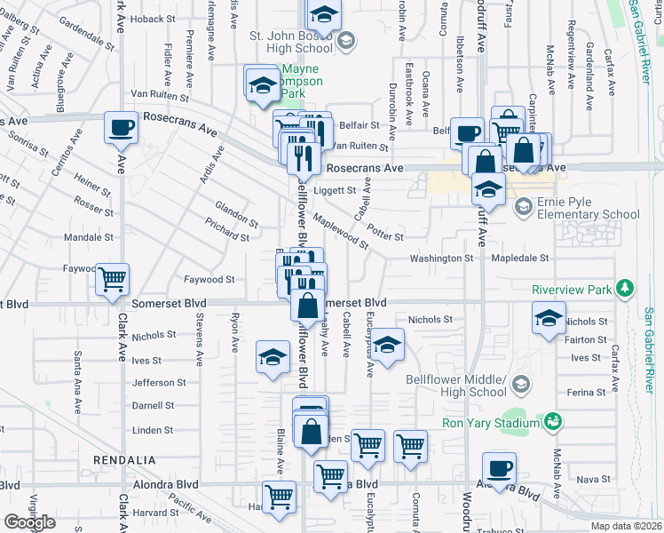 map of restaurants, bars, coffee shops, grocery stores, and more near 14716 Leahy Avenue in Bellflower