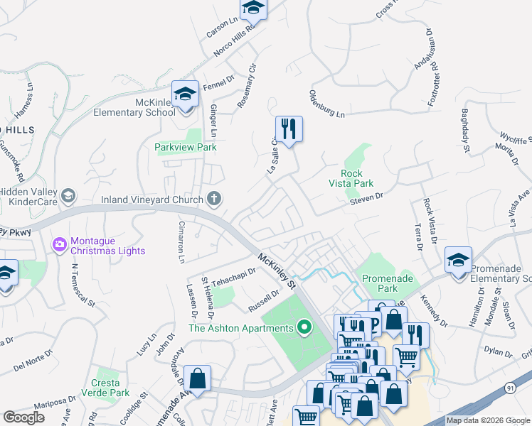 map of restaurants, bars, coffee shops, grocery stores, and more near 2251 Dorado Street in Corona