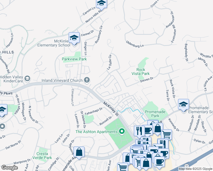 map of restaurants, bars, coffee shops, grocery stores, and more near 2251 Posada Court in Corona