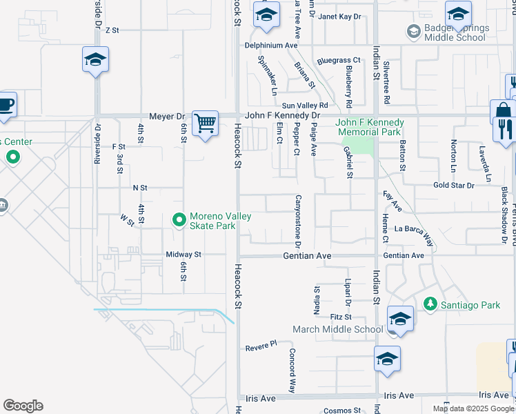 map of restaurants, bars, coffee shops, grocery stores, and more near 24084 Stonebridge Court in Moreno Valley