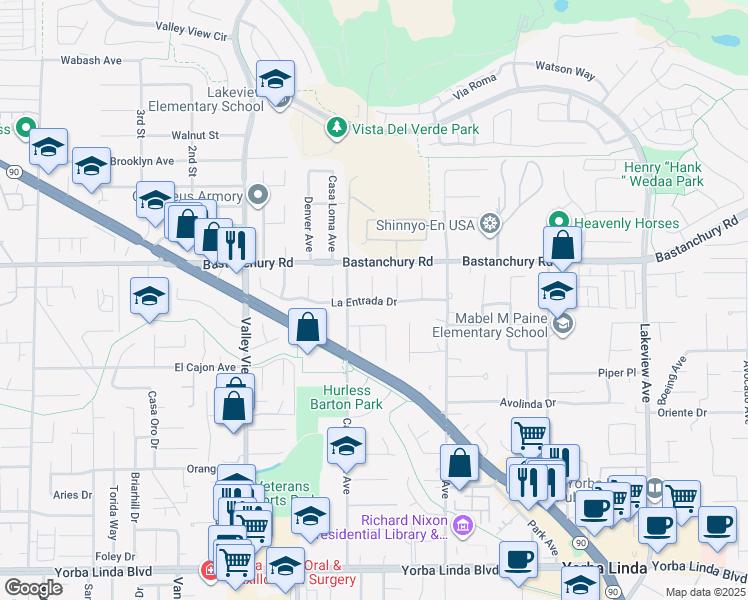 map of restaurants, bars, coffee shops, grocery stores, and more near 17764 La Entrada Drive in Yorba Linda