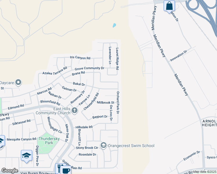 map of restaurants, bars, coffee shops, grocery stores, and more near 20858 Bakal Drive in Riverside