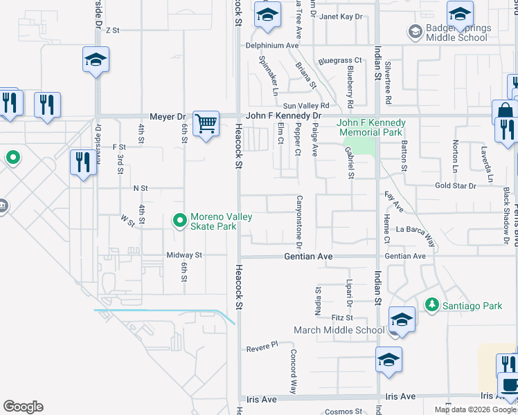map of restaurants, bars, coffee shops, grocery stores, and more near 24084 Stonebridge Court in Moreno Valley