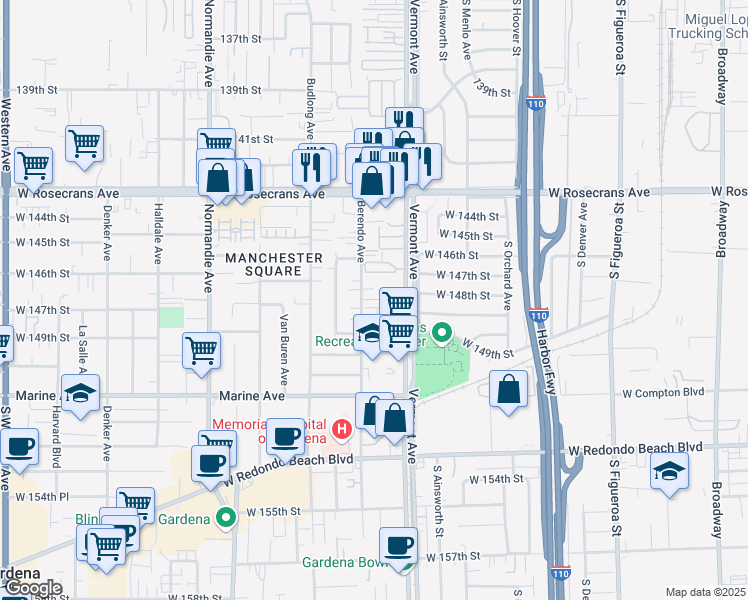 map of restaurants, bars, coffee shops, grocery stores, and more near 14700 Berendo Avenue in Gardena