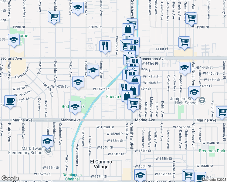 map of restaurants, bars, coffee shops, grocery stores, and more near West 147th Street in Gardena