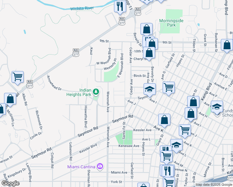 map of restaurants, bars, coffee shops, grocery stores, and more near 3212 Sue Ann Avenue in Wichita Falls