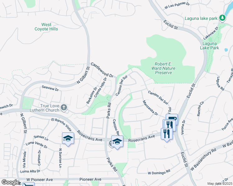 map of restaurants, bars, coffee shops, grocery stores, and more near 2690 Camino Del Sol in Fullerton