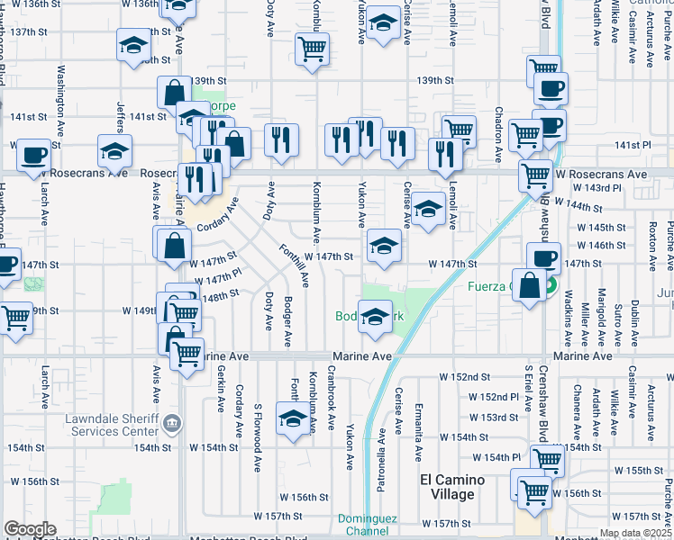 map of restaurants, bars, coffee shops, grocery stores, and more near 3634 West 147th Street in Hawthorne