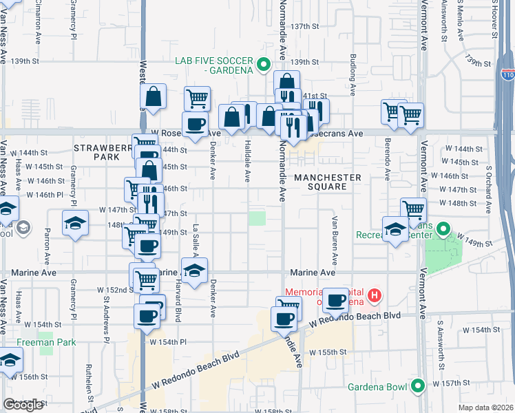 map of restaurants, bars, coffee shops, grocery stores, and more near 14630 Halldale Avenue in Gardena