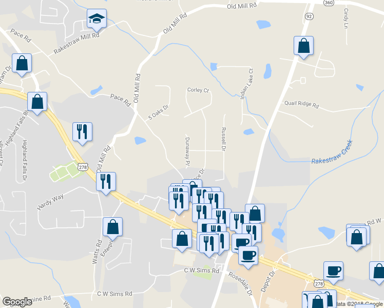 map of restaurants, bars, coffee shops, grocery stores, and more near 20 Carrington Way in Hiram