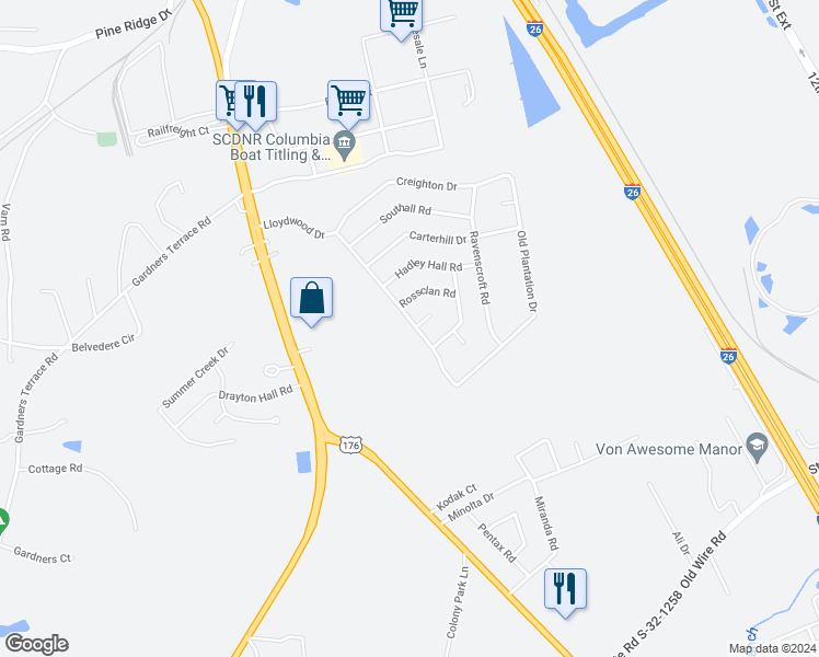 map of restaurants, bars, coffee shops, grocery stores, and more near 234 Lloydwood Drive in West Columbia