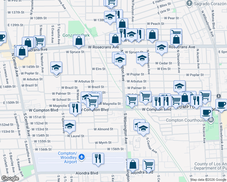 map of restaurants, bars, coffee shops, grocery stores, and more near 828 West Brazil Street in Compton