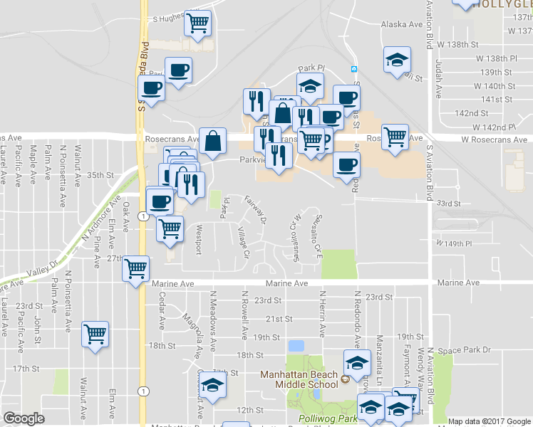 map of restaurants, bars, coffee shops, grocery stores, and more near 28 Fairway Drive in Manhattan Beach