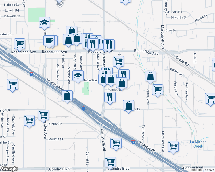 map of restaurants, bars, coffee shops, grocery stores, and more near 14622 Carmenita Road in Norwalk