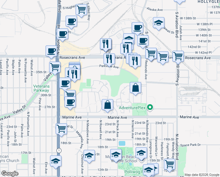 map of restaurants, bars, coffee shops, grocery stores, and more near 28 Fairway Drive in Manhattan Beach