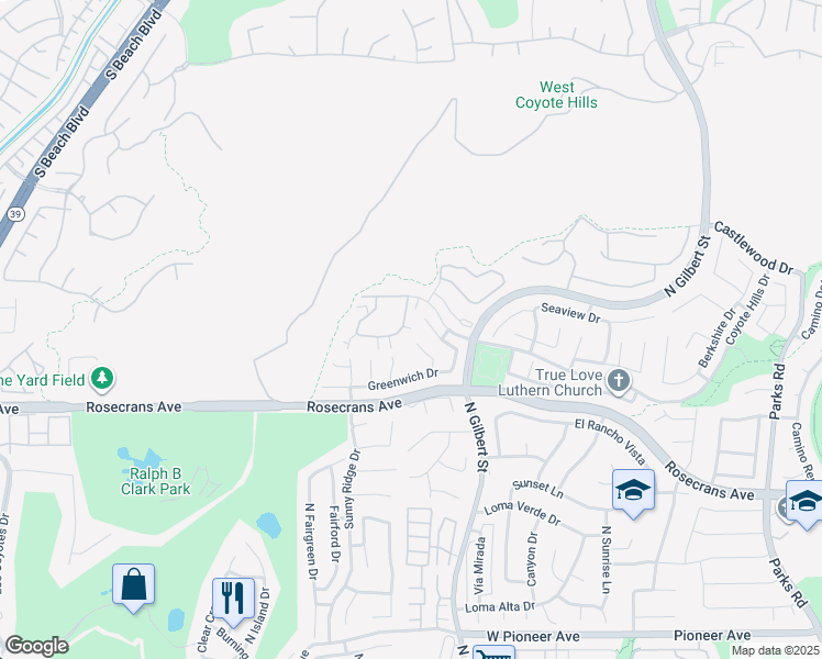 map of restaurants, bars, coffee shops, grocery stores, and more near 2320 Coventry Circle in Fullerton