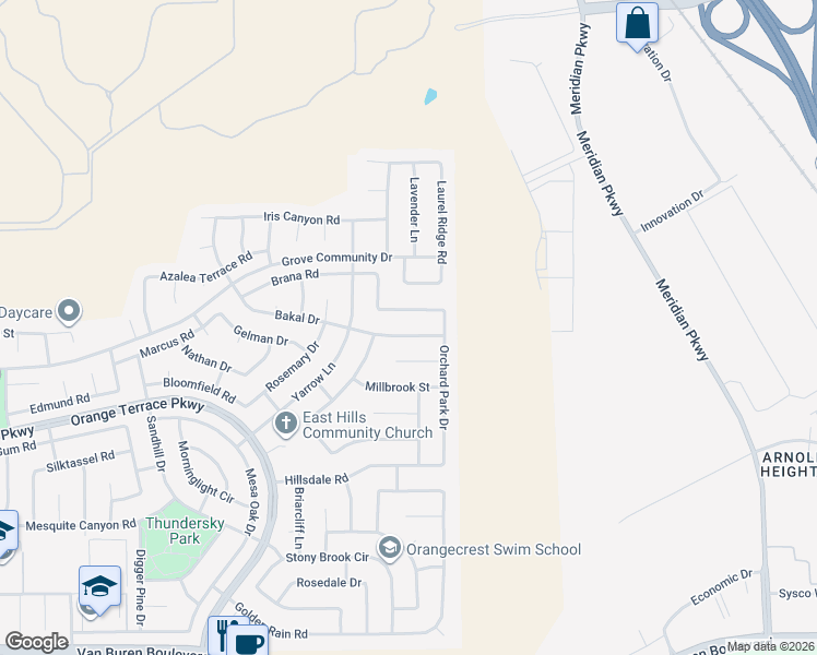 map of restaurants, bars, coffee shops, grocery stores, and more near 20859 Westbury Road in Riverside