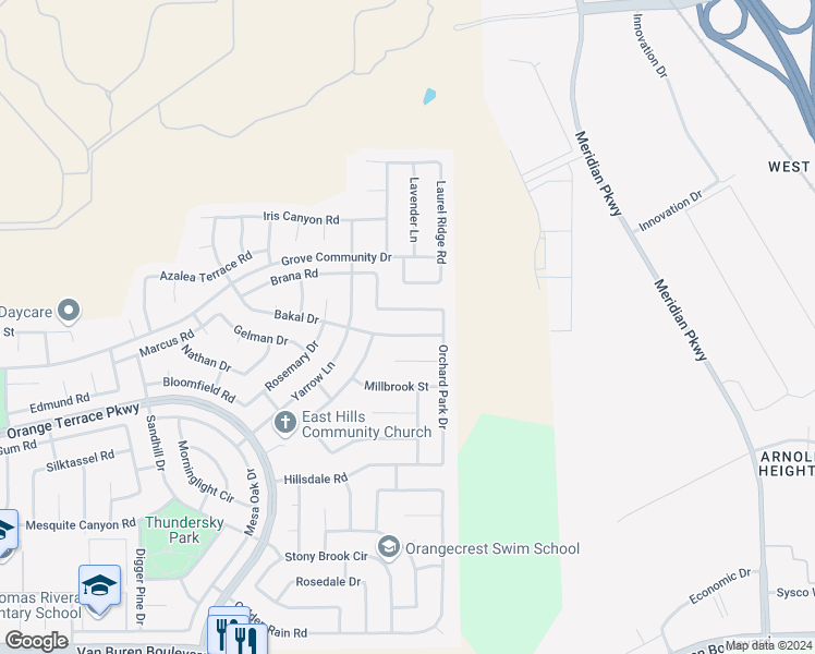 map of restaurants, bars, coffee shops, grocery stores, and more near 20858 Bakal Drive in Riverside