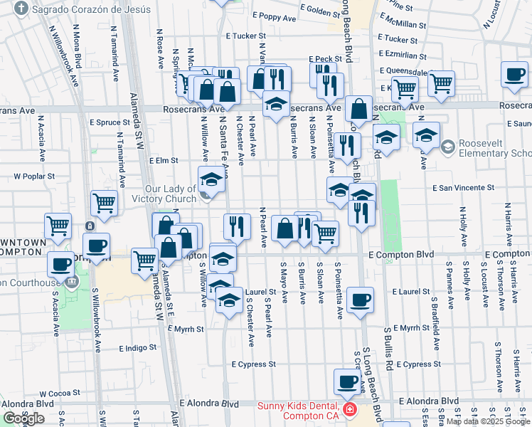 map of restaurants, bars, coffee shops, grocery stores, and more near 909 East Palmer Street in Compton