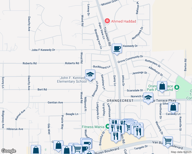 map of restaurants, bars, coffee shops, grocery stores, and more near 8348 Barnwood Lane in Riverside
