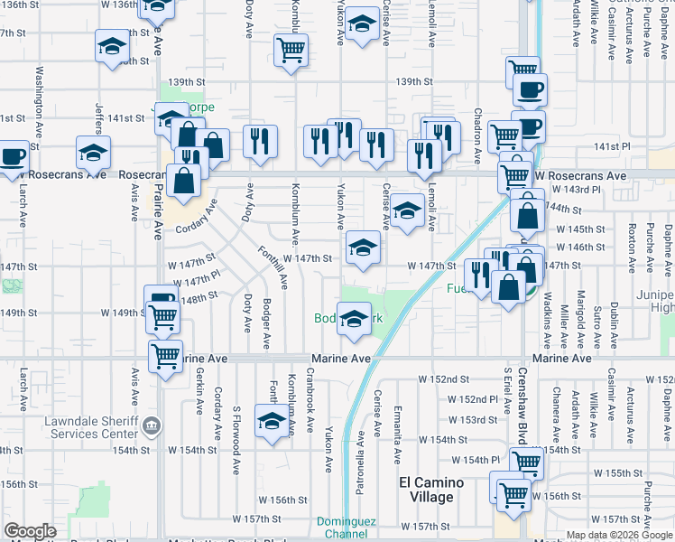 map of restaurants, bars, coffee shops, grocery stores, and more near 3603 148th Place in Hawthorne