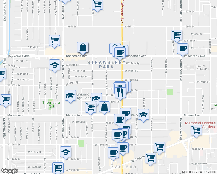 map of restaurants, bars, coffee shops, grocery stores, and more near 1853 West 147th Street in Gardena