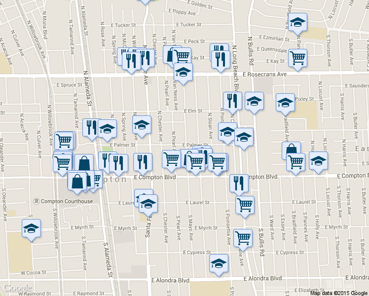 map of restaurants, bars, coffee shops, grocery stores, and more near 920 East Palmer Street in Compton