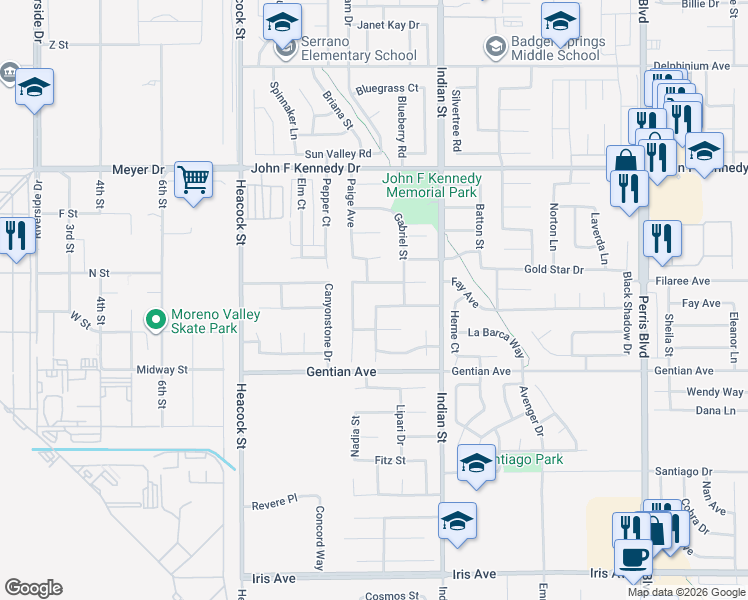 map of restaurants, bars, coffee shops, grocery stores, and more near 24338 Katrina Avenue in Moreno Valley