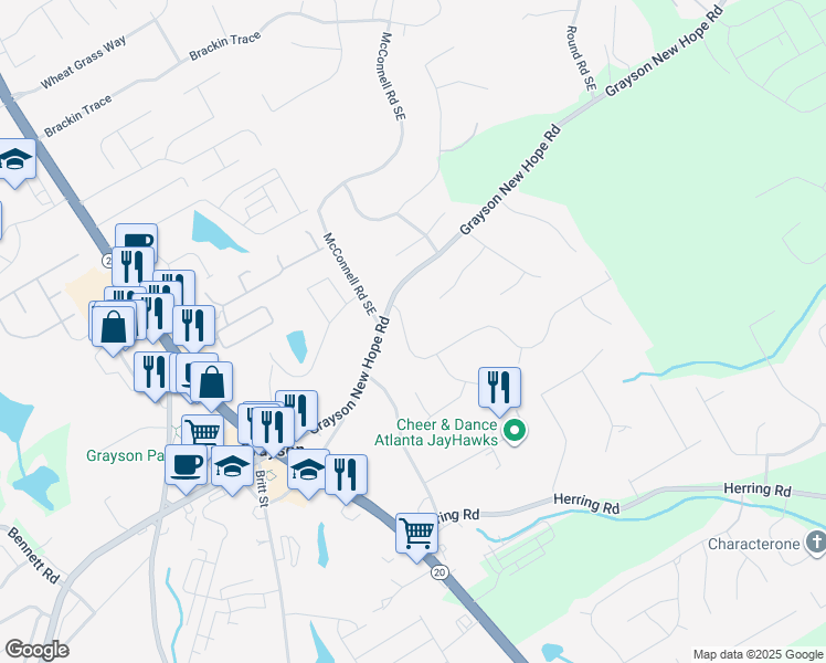 map of restaurants, bars, coffee shops, grocery stores, and more near 2020 Grayfield Drive in Grayson