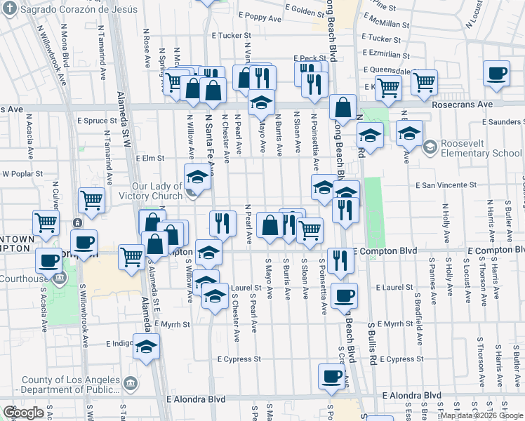 map of restaurants, bars, coffee shops, grocery stores, and more near 920 East Palmer Street in Compton