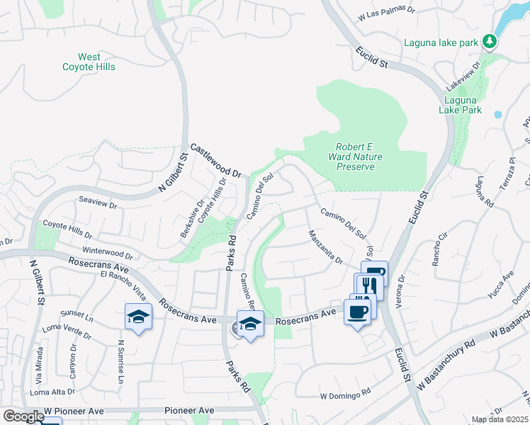map of restaurants, bars, coffee shops, grocery stores, and more near 2373 Camino Rey in Fullerton