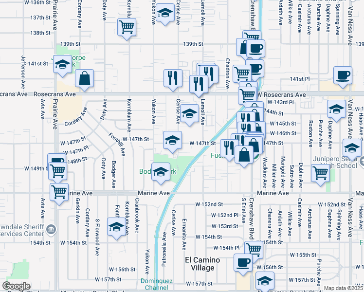 map of restaurants, bars, coffee shops, grocery stores, and more near 3354 West 147th Street in Hawthorne