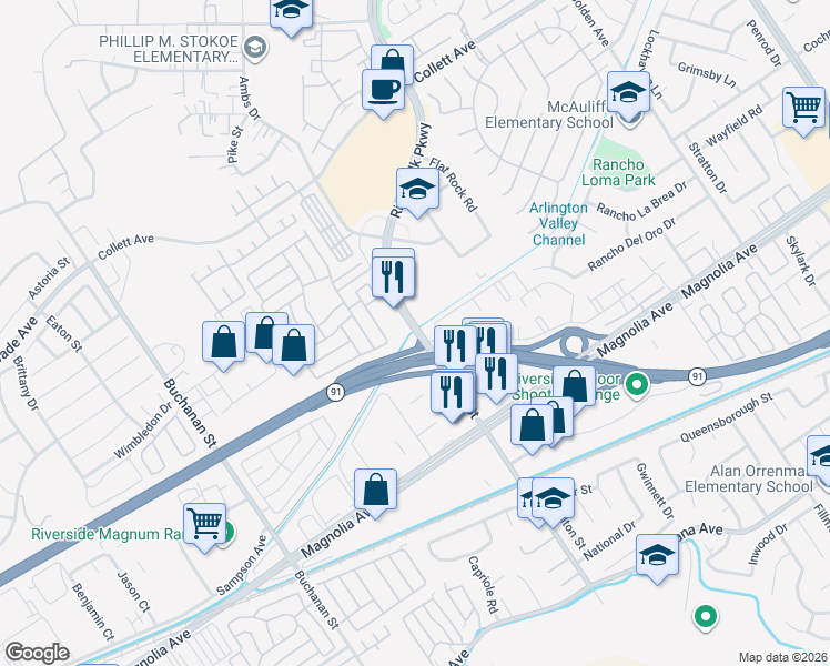 map of restaurants, bars, coffee shops, grocery stores, and more near 4000 Pierce Street in Riverside