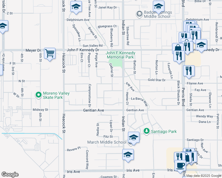 map of restaurants, bars, coffee shops, grocery stores, and more near 24408 Katrina Avenue in Moreno Valley