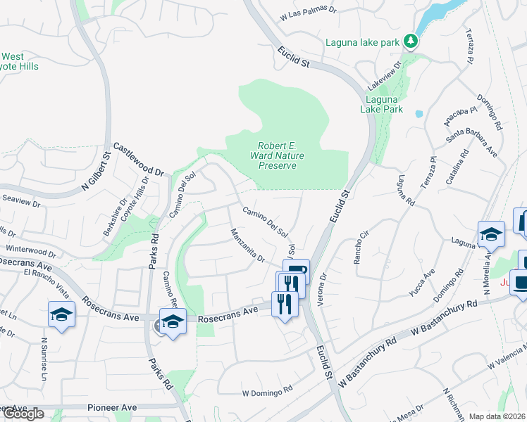 map of restaurants, bars, coffee shops, grocery stores, and more near 1152 Avenida Del Corto in Fullerton