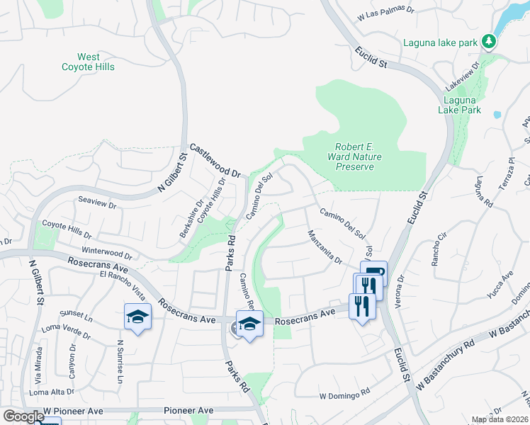 map of restaurants, bars, coffee shops, grocery stores, and more near 2373 Camino Rey in Fullerton