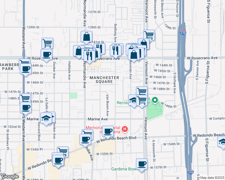 map of restaurants, bars, coffee shops, grocery stores, and more near 14626 Budlong Avenue in Gardena