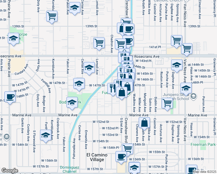 map of restaurants, bars, coffee shops, grocery stores, and more near 3207 West 147th Street in Gardena