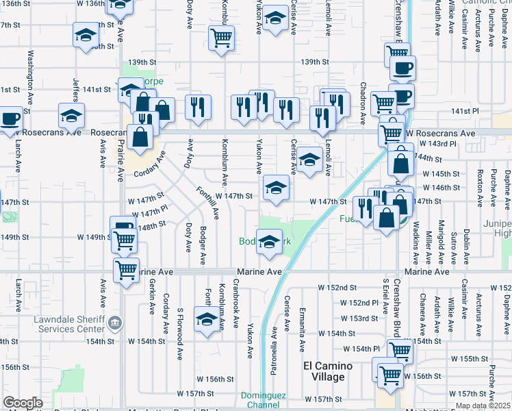 map of restaurants, bars, coffee shops, grocery stores, and more near 3559 West 147th Street in Hawthorne