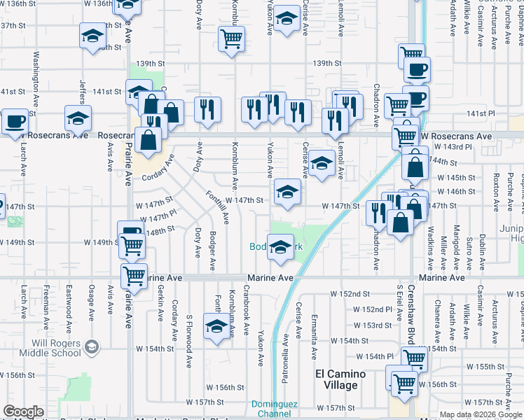 map of restaurants, bars, coffee shops, grocery stores, and more near 3559 West 147th Street in Hawthorne